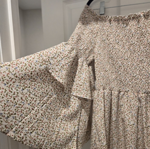 Shein Off the Shoulder, Smocked, Tiny Floral Bell Sleeve mini Flare Dress, 0XL - Picture 2 of 6